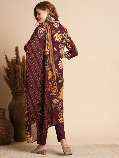 Floral Printed A-Line Paneled Kurta with Pant & Dupatta - Burgundy