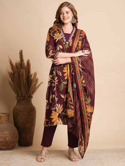 Floral Printed A-Line Paneled Kurta with Pant & Dupatta - Burgundy