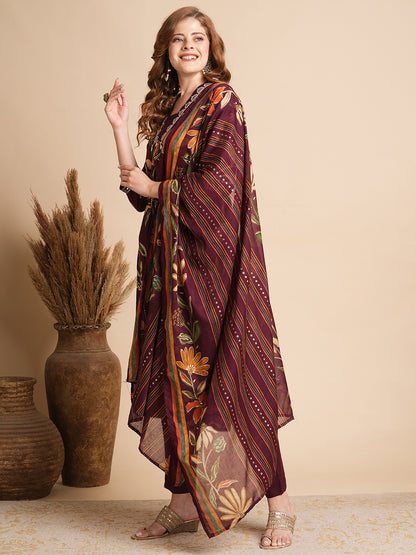 Floral Printed A-Line Paneled Kurta with Pant & Dupatta - Burgundy