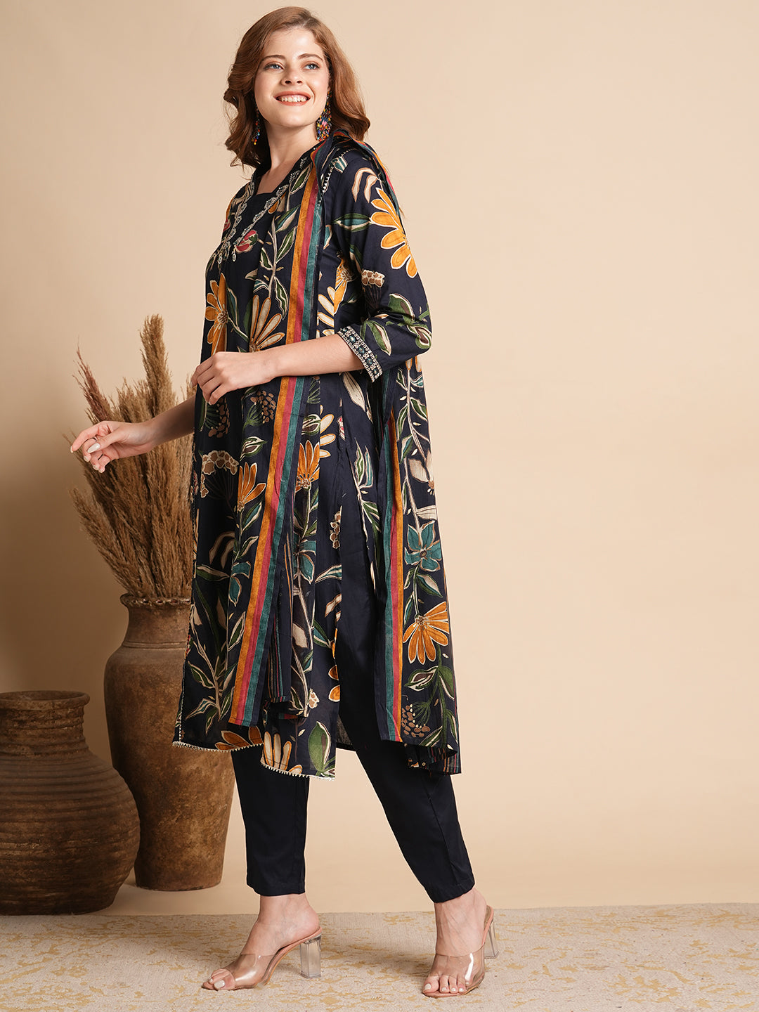 Floral Printed A-Line Paneled Kurta with Pant & Dupatta - Deep Blue