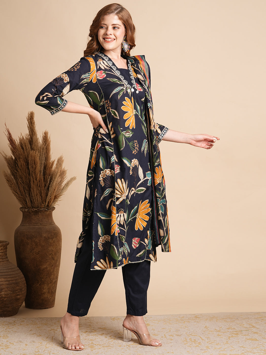 Floral Printed A-Line Paneled Kurta with Pant & Dupatta - Deep Blue