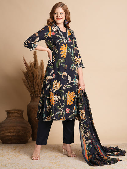 Floral Printed A-Line Paneled Kurta with Pant & Dupatta - Deep Blue