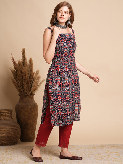 Ethnic Geometric Printed Straight Fit Kurta - Black