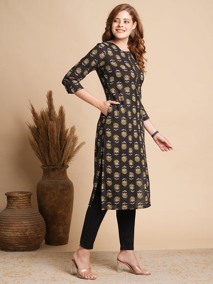 Ethnic Floral Printed Straight Fit Kurta - Black