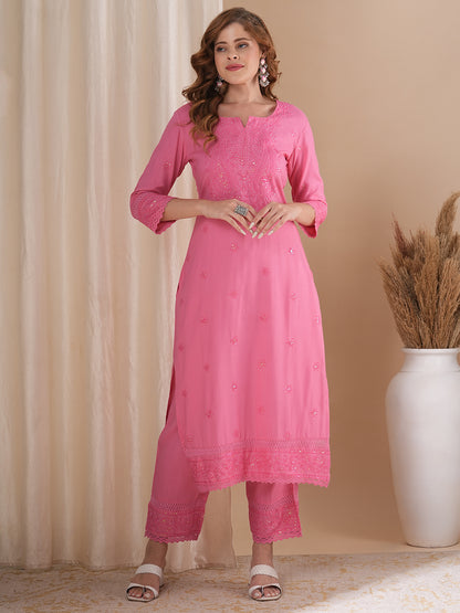 Solid Floral Sequin & Thread Work Embroidered Straight Fit Co-ord Set - Pink