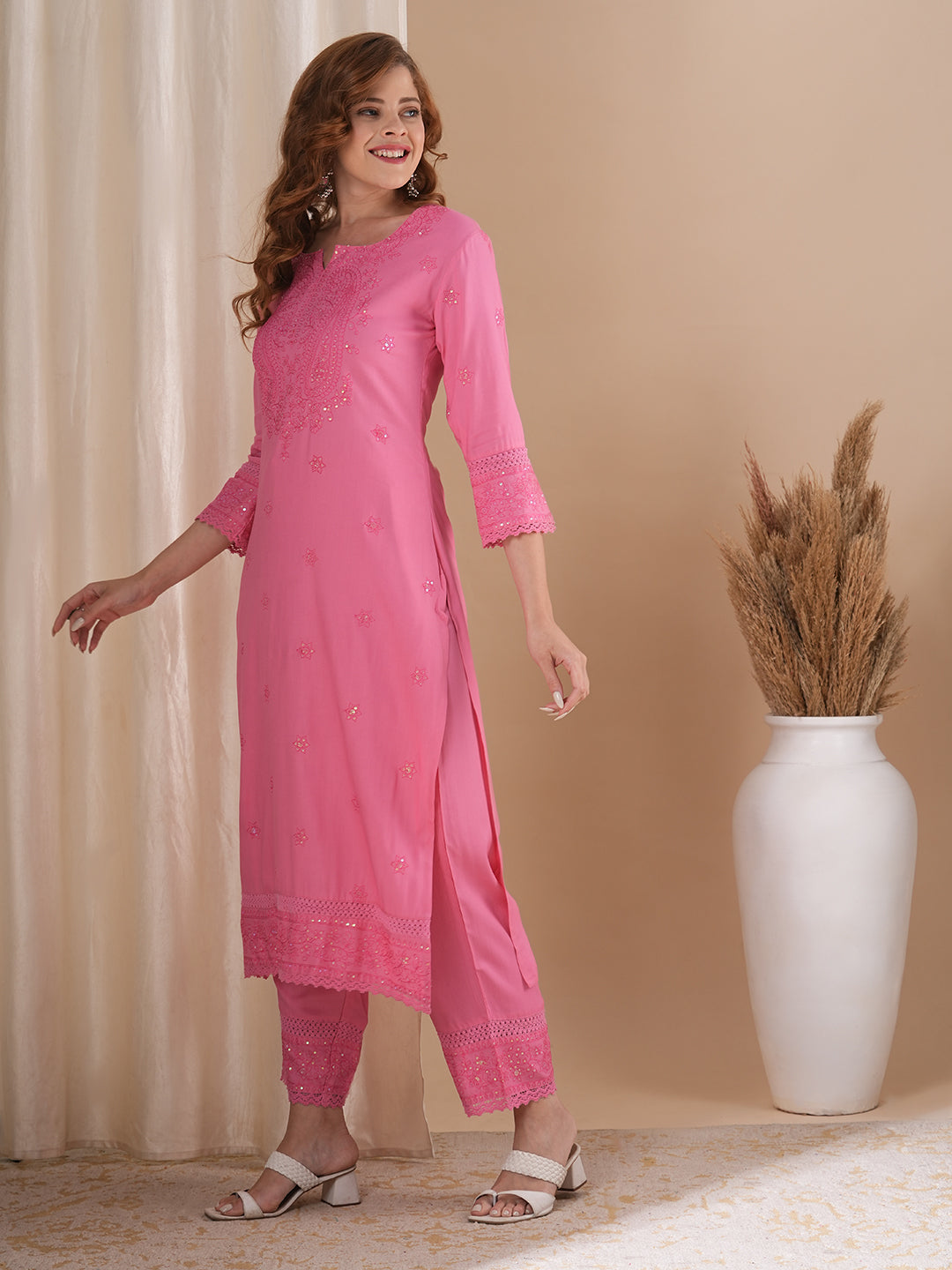 Solid Floral Sequin & Thread Work Embroidered Straight Fit Co-ord Set - Pink