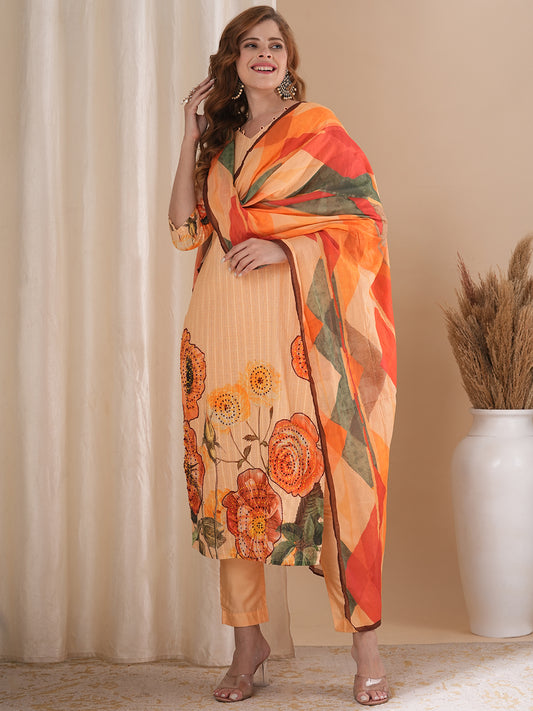 Floral Printed & Hand Embroidered Straight Fit Kurta with Pant and Dupatta - Coral