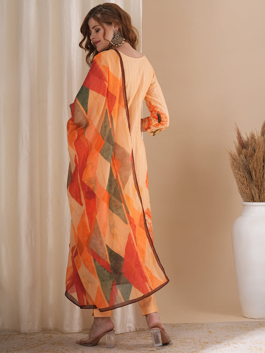 Floral Printed & Hand Embroidered Straight Fit Kurta with Pant and Dupatta - Coral