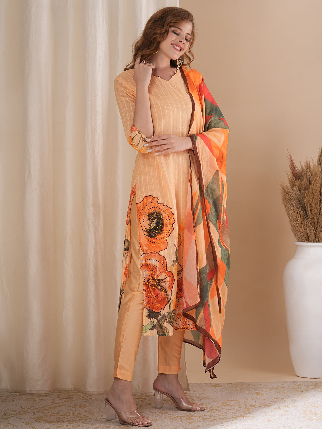 Floral Printed & Hand Embroidered Straight Fit Kurta with Pant and Dupatta - Coral