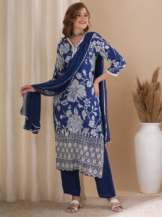 Ethnic Ikat Printed & Schiffli Embroidered Straight Kurta with Pant & Dupatta - Blue