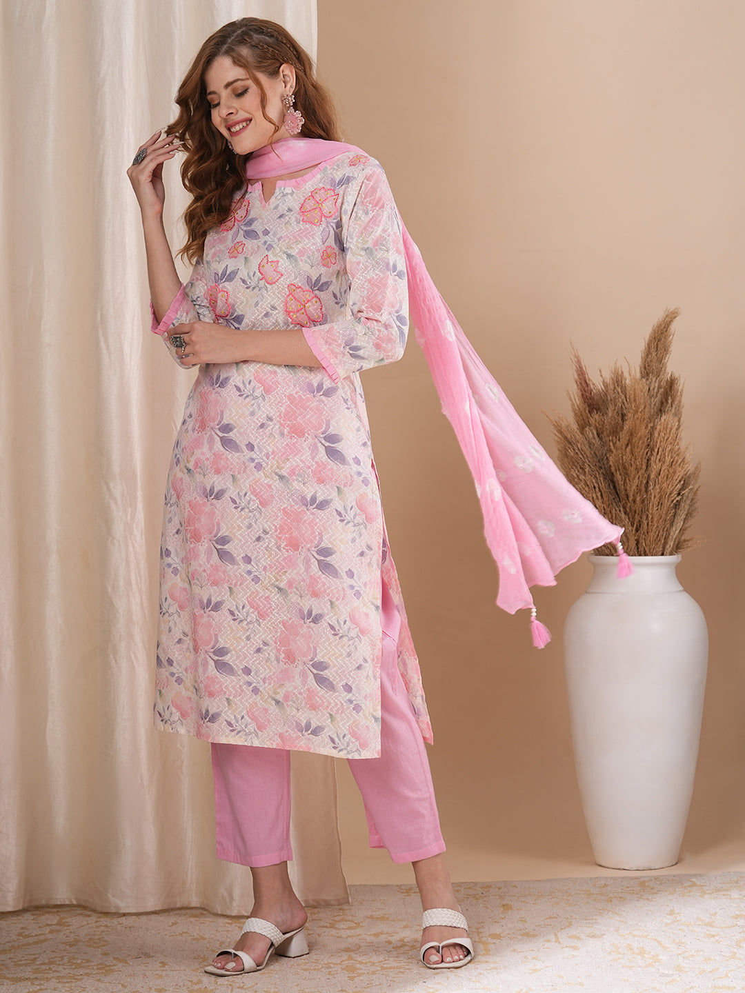 Floral Printed & Embroidered Straight Fit Kurta with Pant and Dupatta - Off White