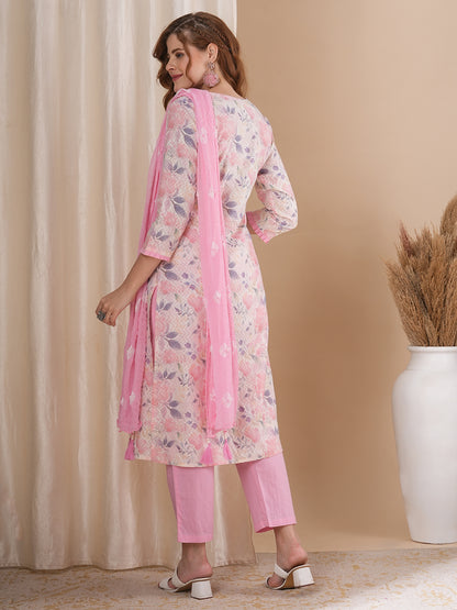 Floral Printed & Embroidered Straight Fit Kurta with Pant and Dupatta - Off White