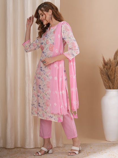 Floral Printed & Embroidered Straight Fit Kurta with Pant and Dupatta - Off White