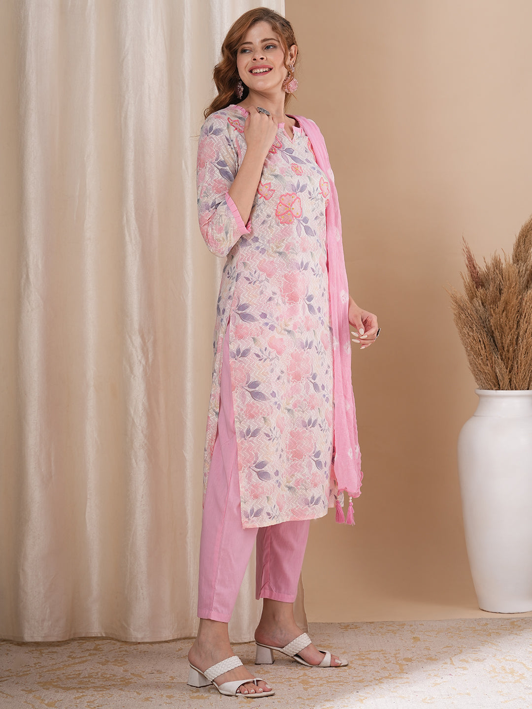 Floral Printed & Embroidered Straight Fit Kurta with Pant and Dupatta - Off White