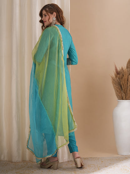 Solid Ethnic Embroidered Straight Fit Kurta with Pant & Dupatta - Turquoise Blue