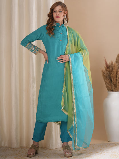 Solid Ethnic Embroidered Straight Fit Kurta with Pant & Dupatta - Turquoise Blue