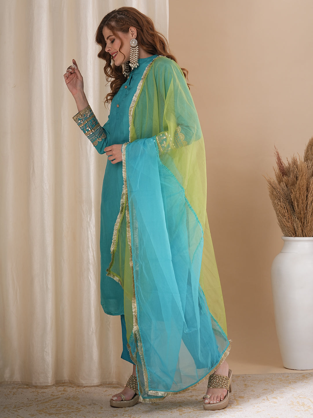 Solid Ethnic Embroidered Straight Fit Kurta with Pant & Dupatta - Turquoise Blue