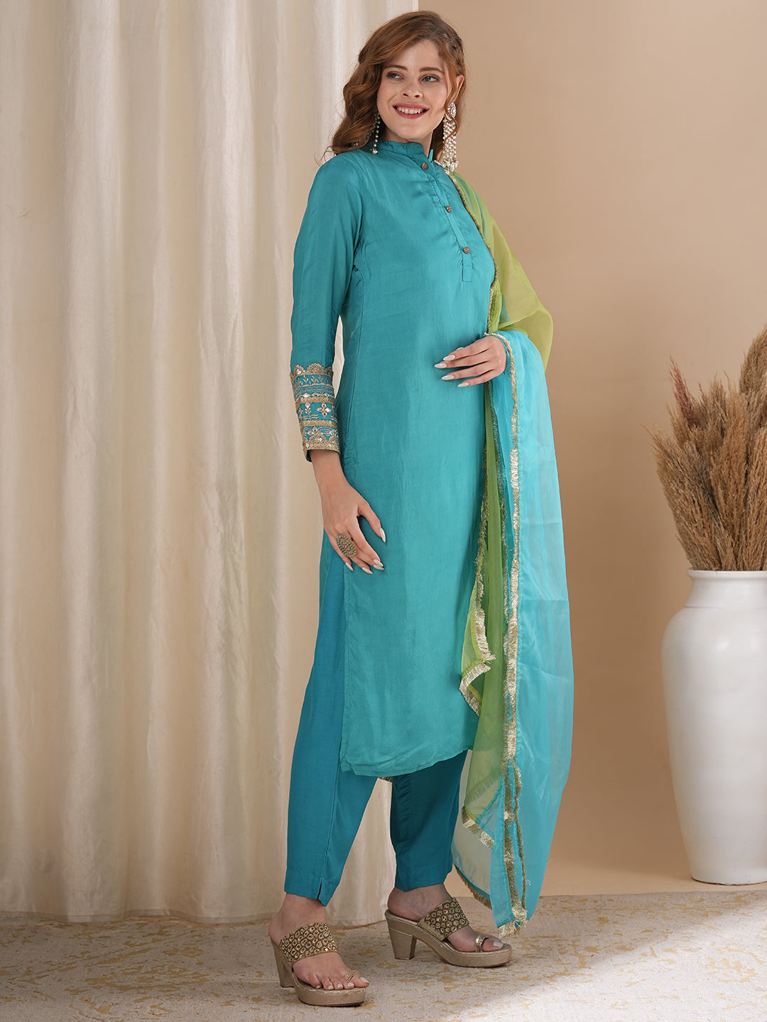 Solid Ethnic Embroidered Straight Fit Kurta with Pant & Dupatta - Turquoise Blue