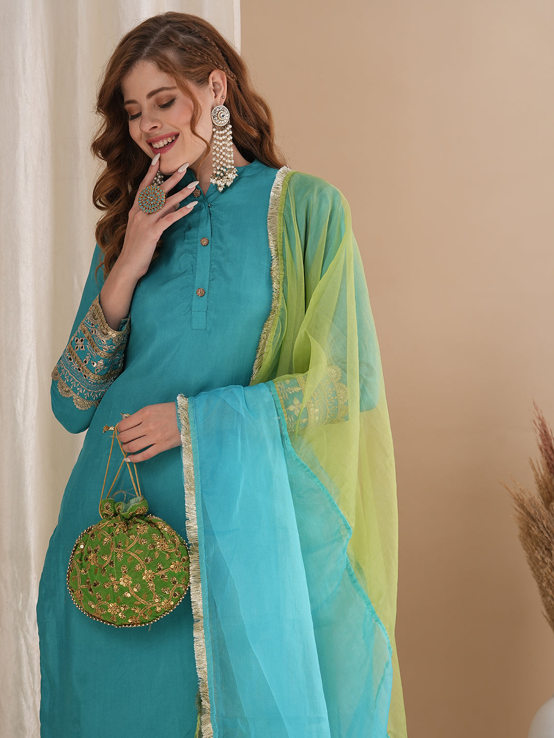 Solid Ethnic Embroidered Straight Fit Kurta with Pant & Dupatta - Turquoise Blue