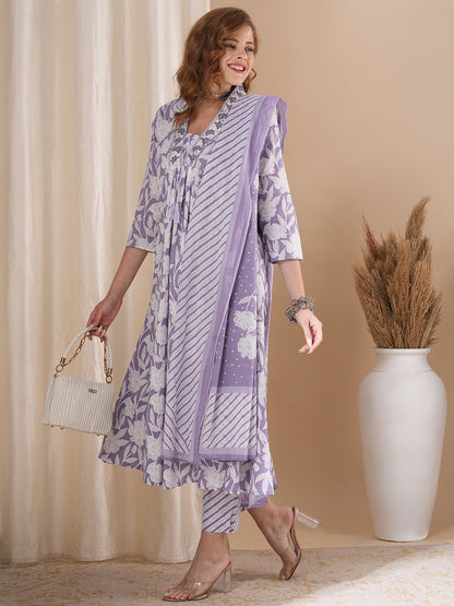 Floral Printed & Embroidered A-Line Paneled Kurta with Pant and Pure Cotton Dupatta - Lavender