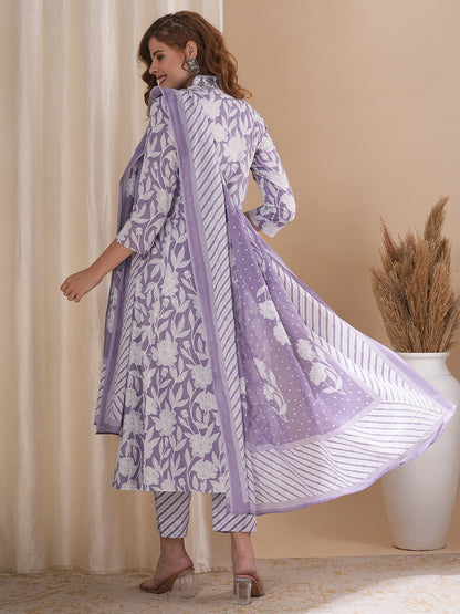 Floral Printed & Embroidered A-Line Paneled Kurta with Pant and Pure Cotton Dupatta - Lavender