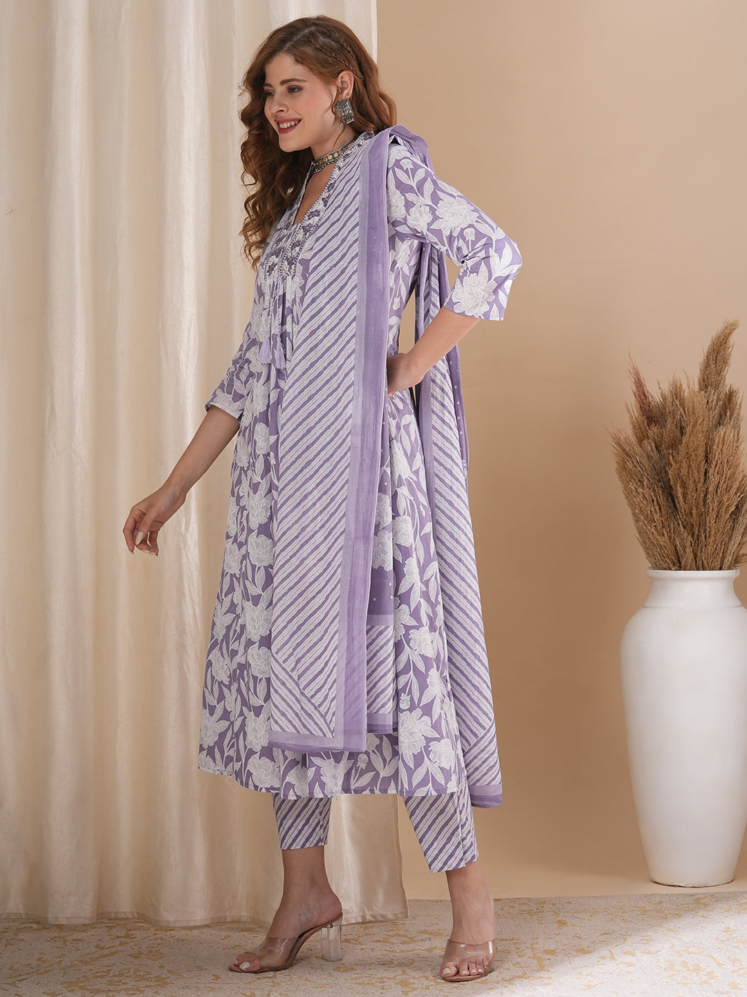 Floral Printed & Embroidered A-Line Paneled Kurta with Pant and Pure Cotton Dupatta - Lavender