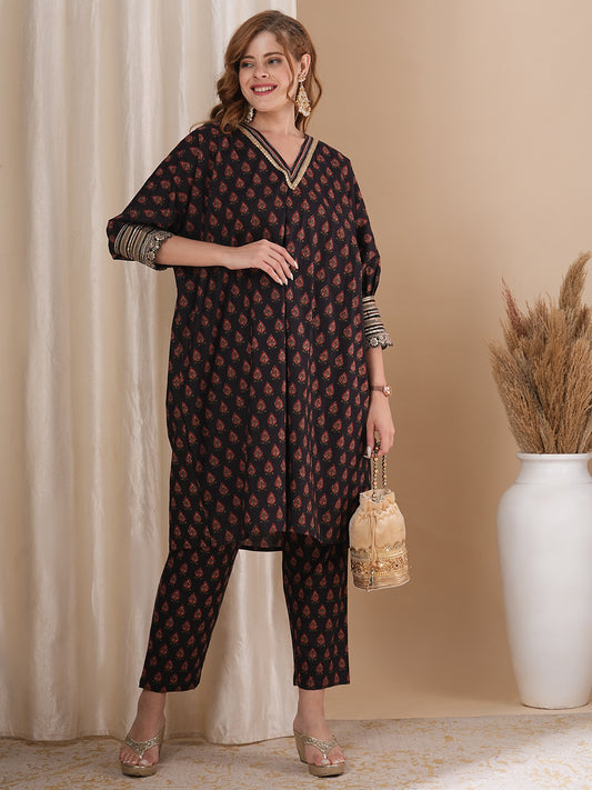 Ethnic Printed & Embroidered Kaftan Co-ord Set - Black