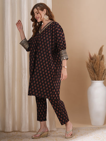 Ethnic Printed & Embroidered Kaftan Co-ord Set - Black