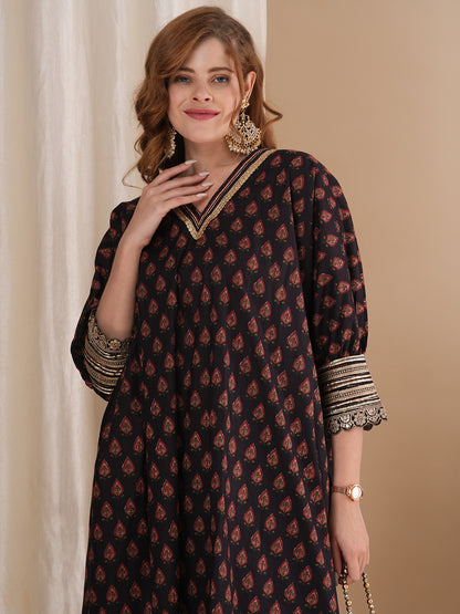 Ethnic Printed & Embroidered Kaftan Co-ord Set - Black