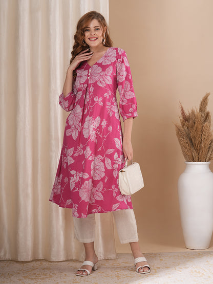 Abstract Floral Printed A-Line Kurta with Pant - Pink