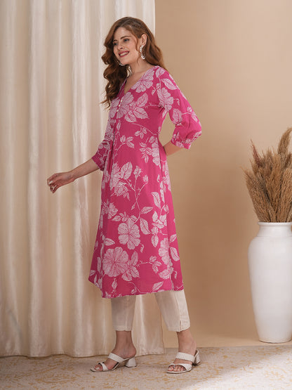 Abstract Floral Printed A-Line Kurta with Pant - Pink