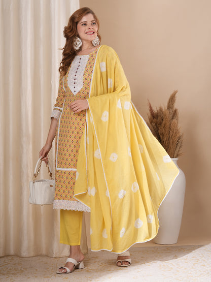 Ethnic Ikat Printed & Embroidered Straight Fit Kurta with Pant & Dupatta - Yellow