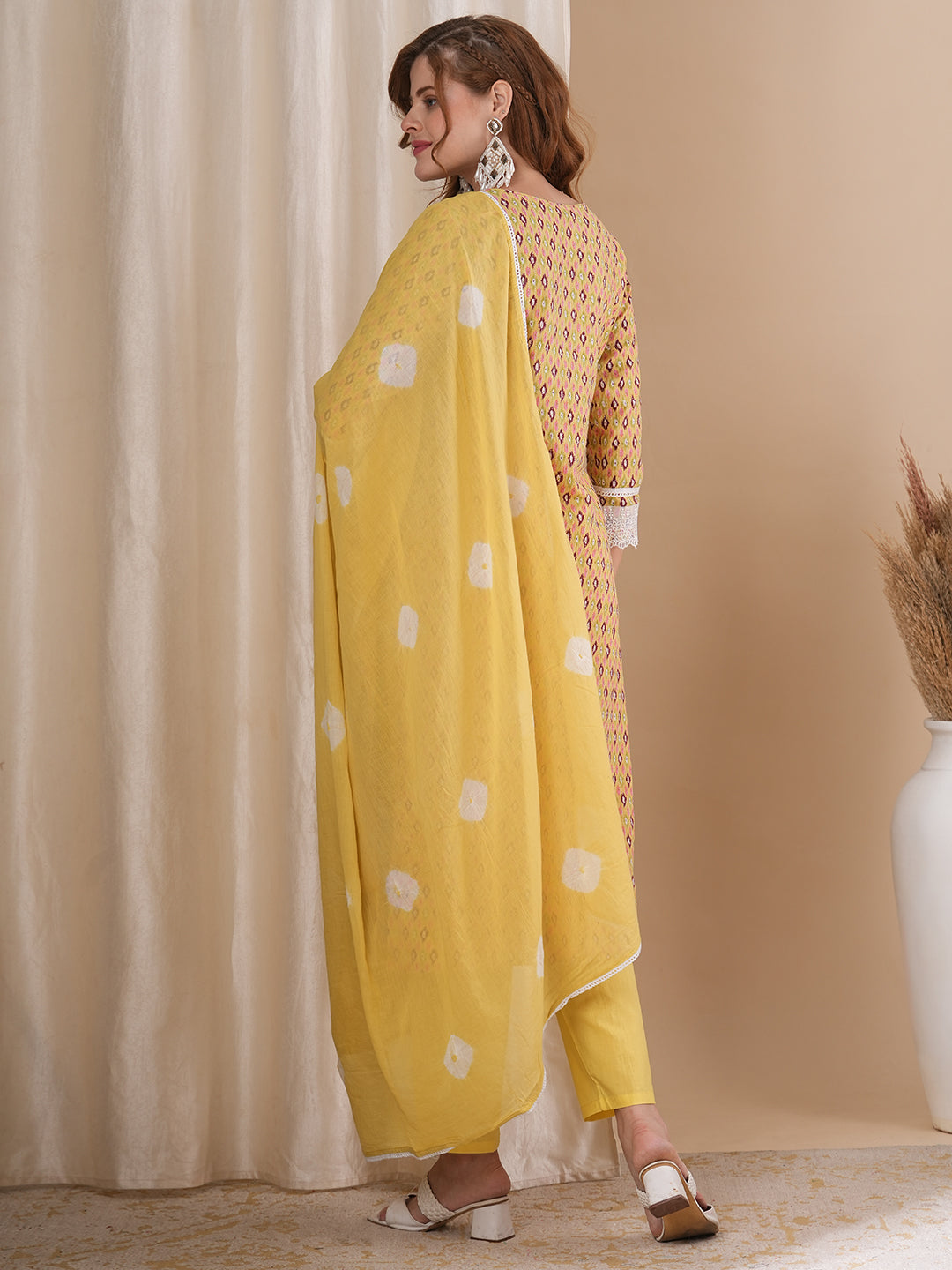 Ethnic Ikat Printed & Embroidered Straight Fit Kurta with Pant & Dupatta - Yellow