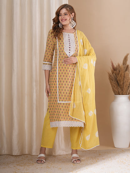 Ethnic Ikat Printed & Embroidered Straight Fit Kurta with Pant & Dupatta - Yellow