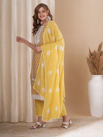 Ethnic Ikat Printed & Embroidered Straight Fit Kurta with Pant & Dupatta - Yellow