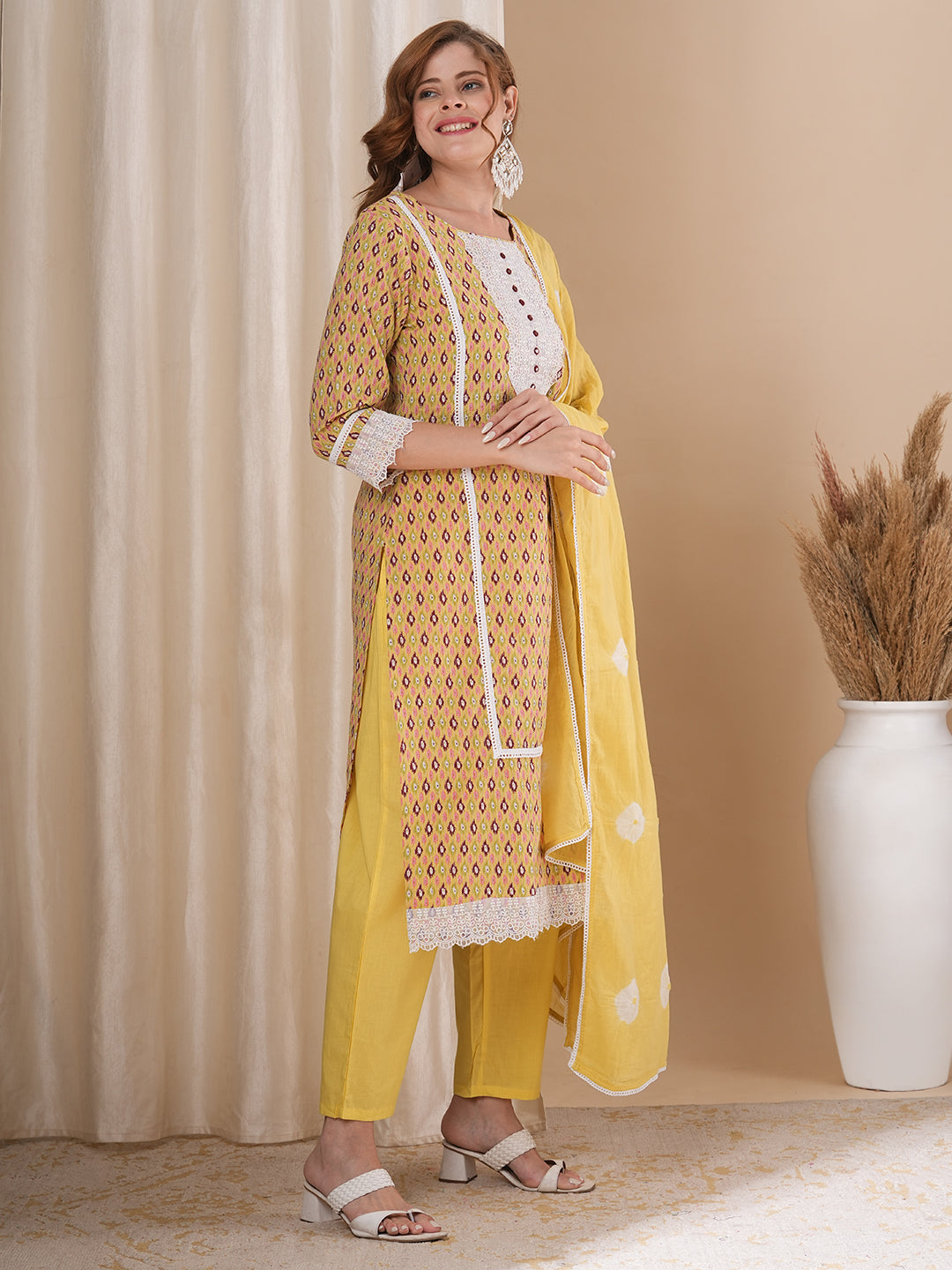 Ethnic Ikat Printed & Embroidered Straight Fit Kurta with Pant & Dupatta - Yellow