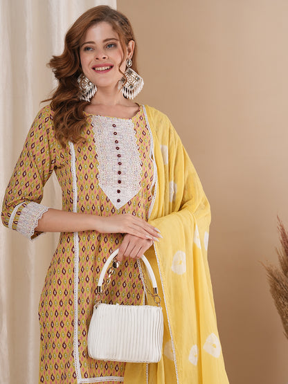 Ethnic Ikat Printed & Embroidered Straight Fit Kurta with Pant & Dupatta - Yellow