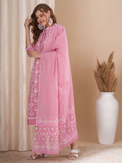 Ethnic Geometric Printed A-Line Paneled Kurta with Pant and Pure Cotton Dupatta - Pink