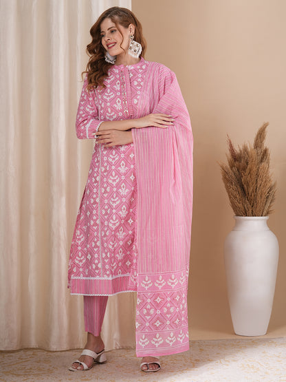 Ethnic Geometric Printed A-Line Paneled Kurta with Pant and Pure Cotton Dupatta - Pink