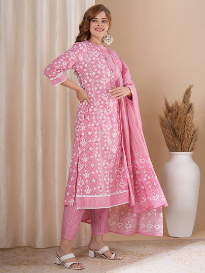 Ethnic Geometric Printed A-Line Paneled Kurta with Pant and Pure Cotton Dupatta - Pink