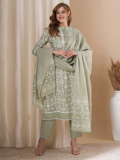 Ethnic Geometric Printed A-Line Paneled Kurta with Pant and Pure Cotton Dupatta - Mint Green