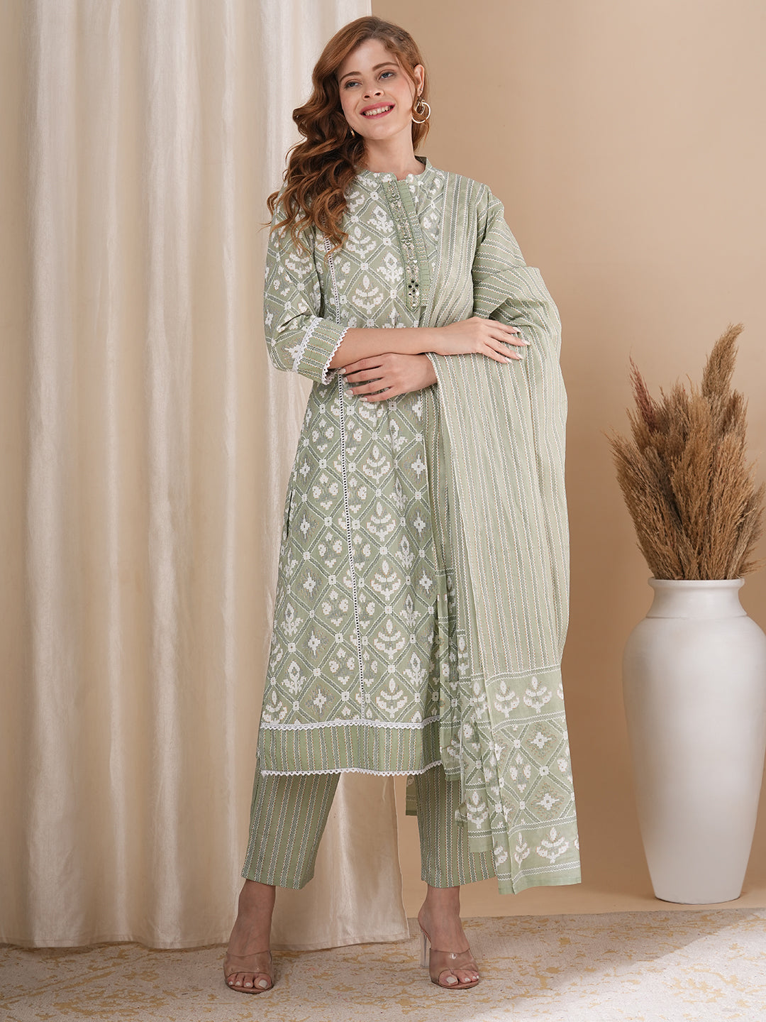 Ethnic Geometric Printed A-Line Paneled Kurta with Pant and Pure Cotton Dupatta - Mint Green