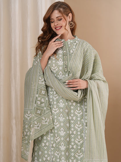 Ethnic Geometric Printed A-Line Paneled Kurta with Pant and Pure Cotton Dupatta - Mint Green