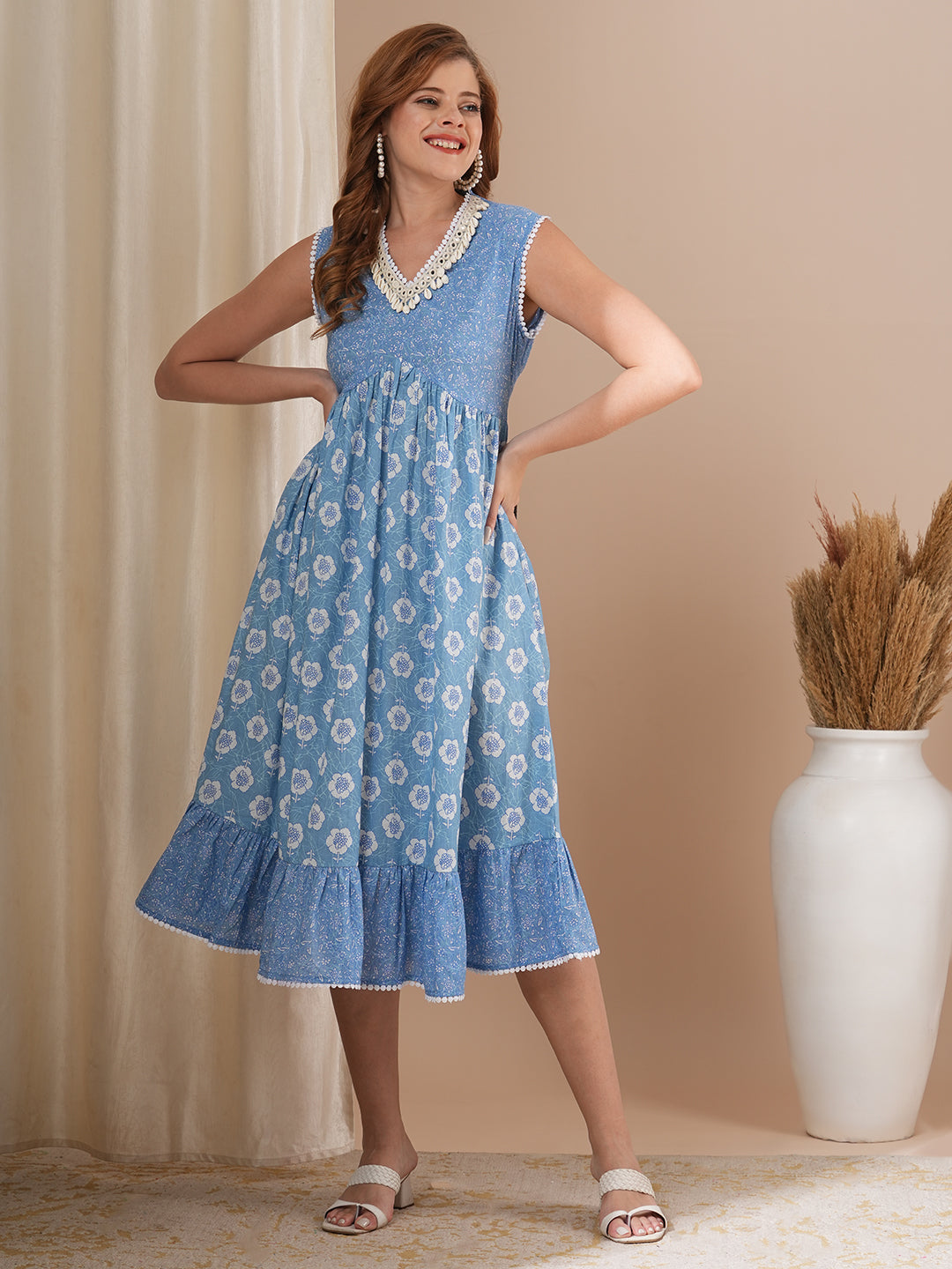 Floral Printed & Codi Laced A-Line Pleated Midi Dress - Blue