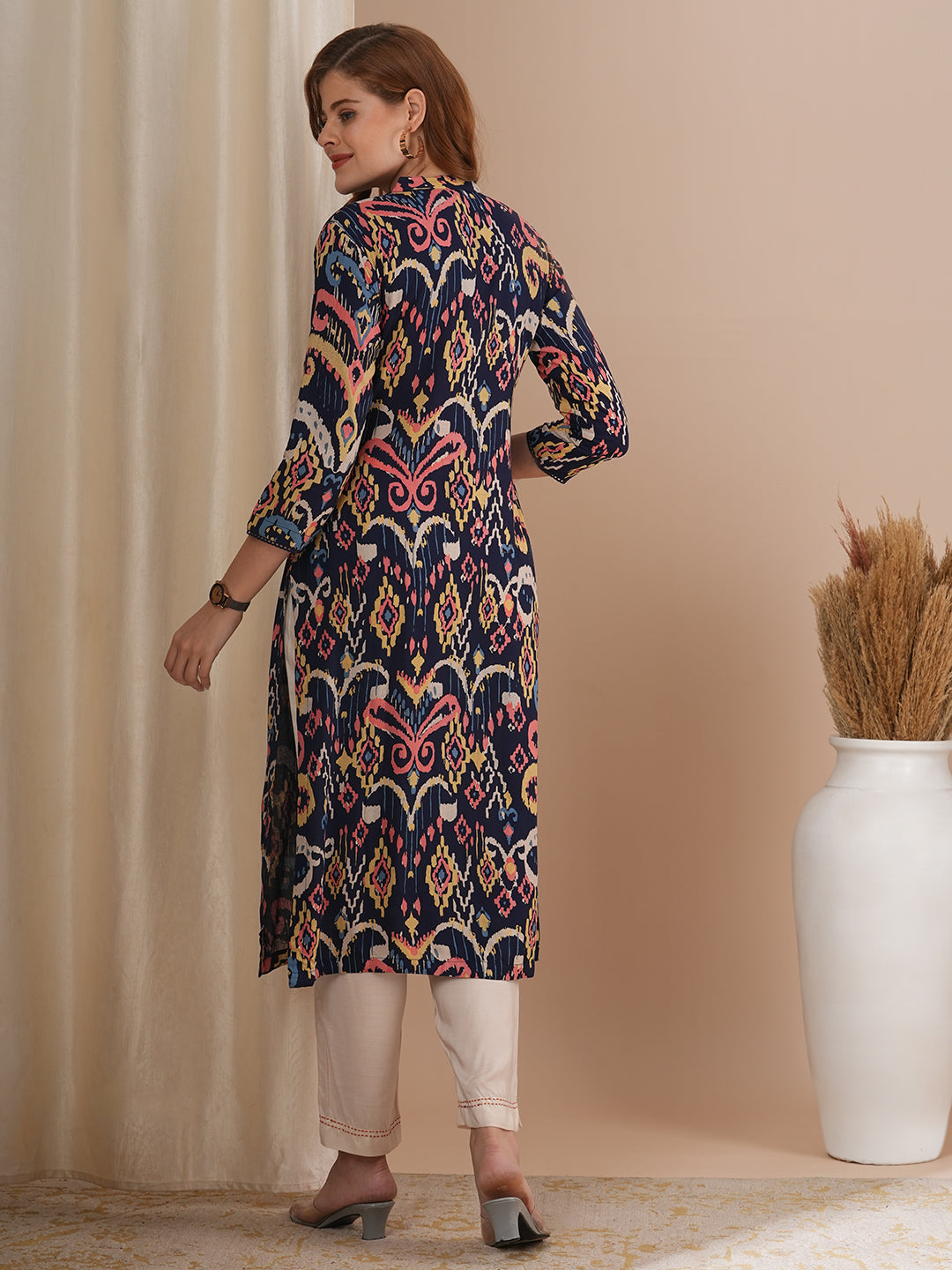 Abstract Ikat Printed Straight Fit Kurta - Navy Blue