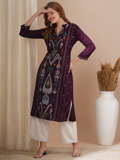 Ethnic Ikat Printed Straight Fit Kurta - Burgundy