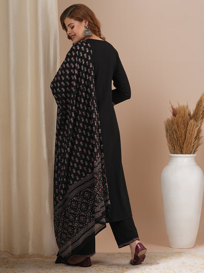 Solid Ethnic Embroidered A-Line Pleated Kurta with Pant & Printed Dupatta - Black