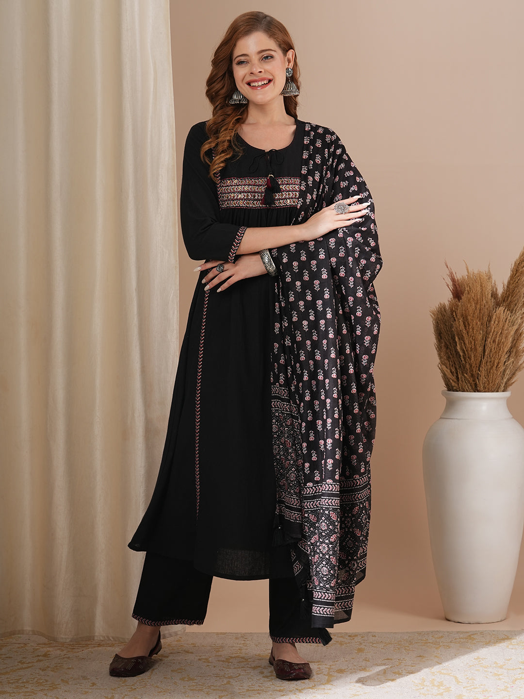 Solid Ethnic Embroidered A-Line Pleated Kurta with Pant & Printed Dupatta - Black