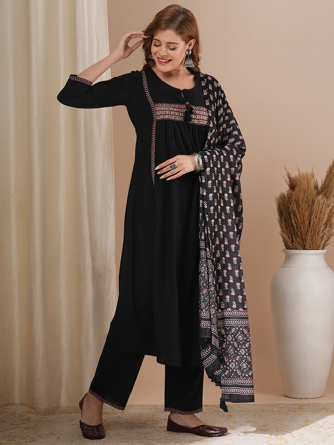 Solid Ethnic Embroidered A-Line Pleated Kurta with Pant & Printed Dupatta - Black