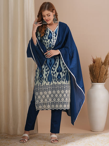 Ethnic Ikat Printed & Schiffli Embroidered Straight Kurta with Pant & Dupatta - Blue